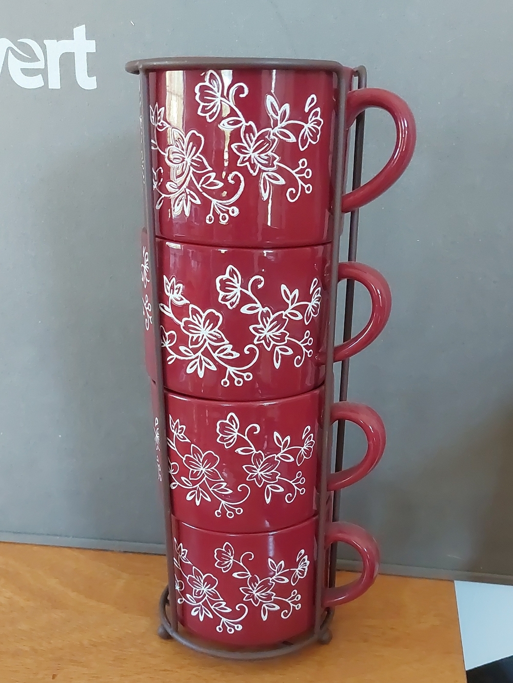 💚2/$45 Temp-tations 14oz 5pc Stackable Mug Set Floral Cranberry Coffee Soup